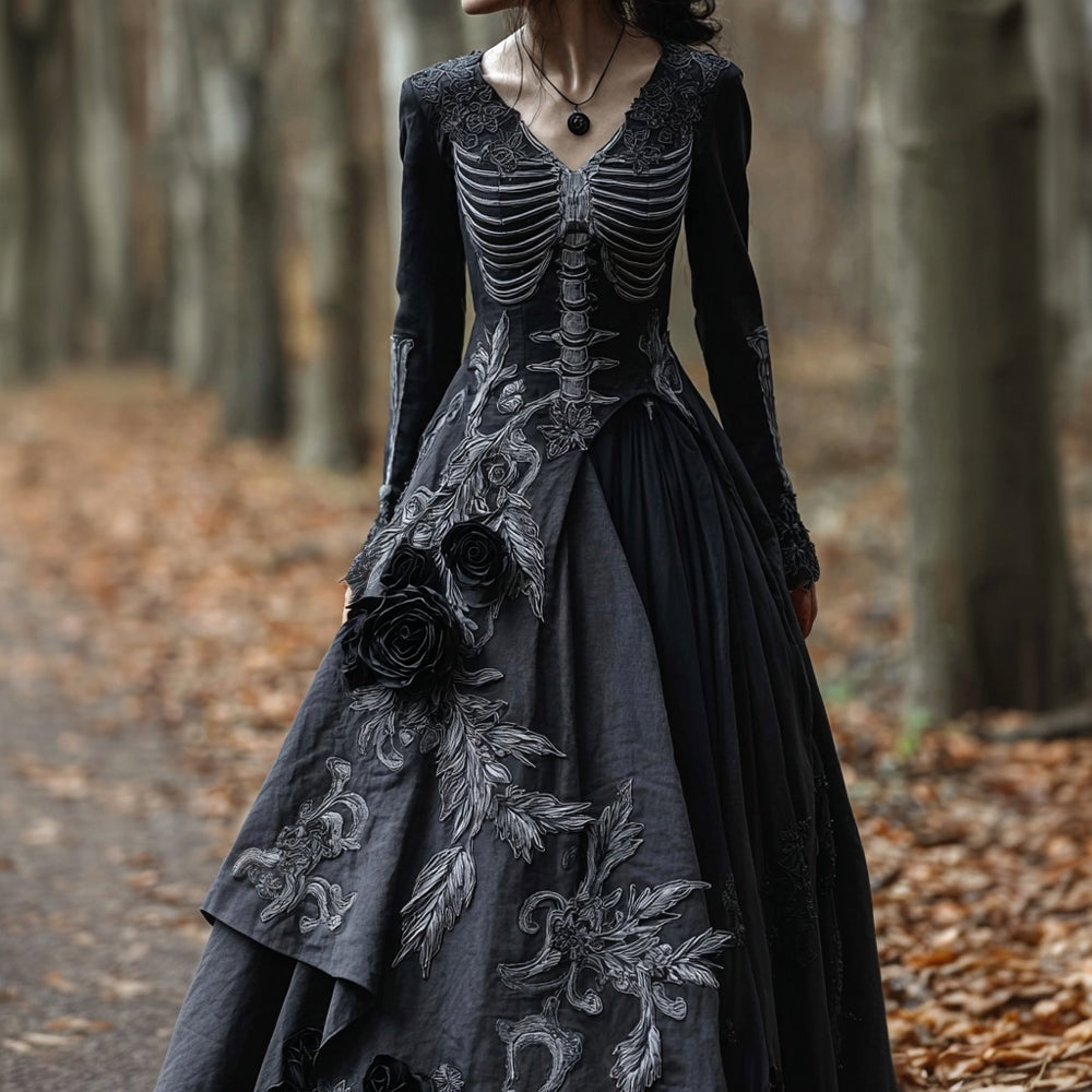 Comstylish Vintage Skeleton & Roses Embroidered V Neck Flowy Maxi Dress