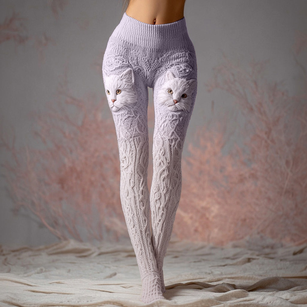 Fuzzy Cat Embroidered Gradient Comfy Leggings elevenforest