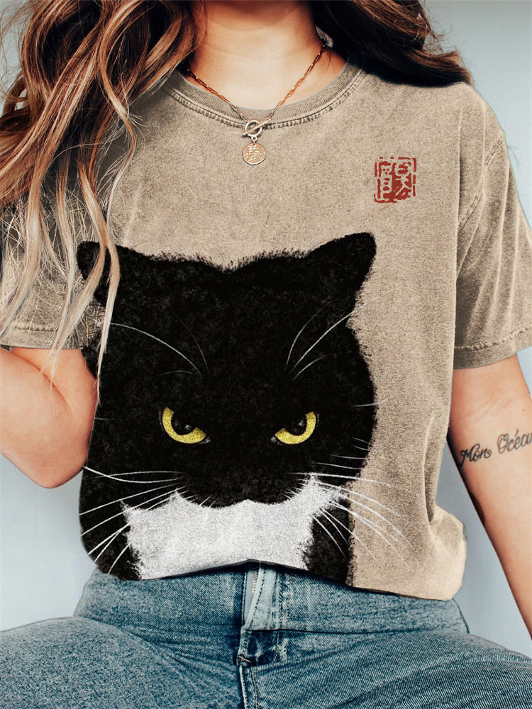 Comstylish Fuzzy Bicolor Cat Japanese Art Washed T Shirt