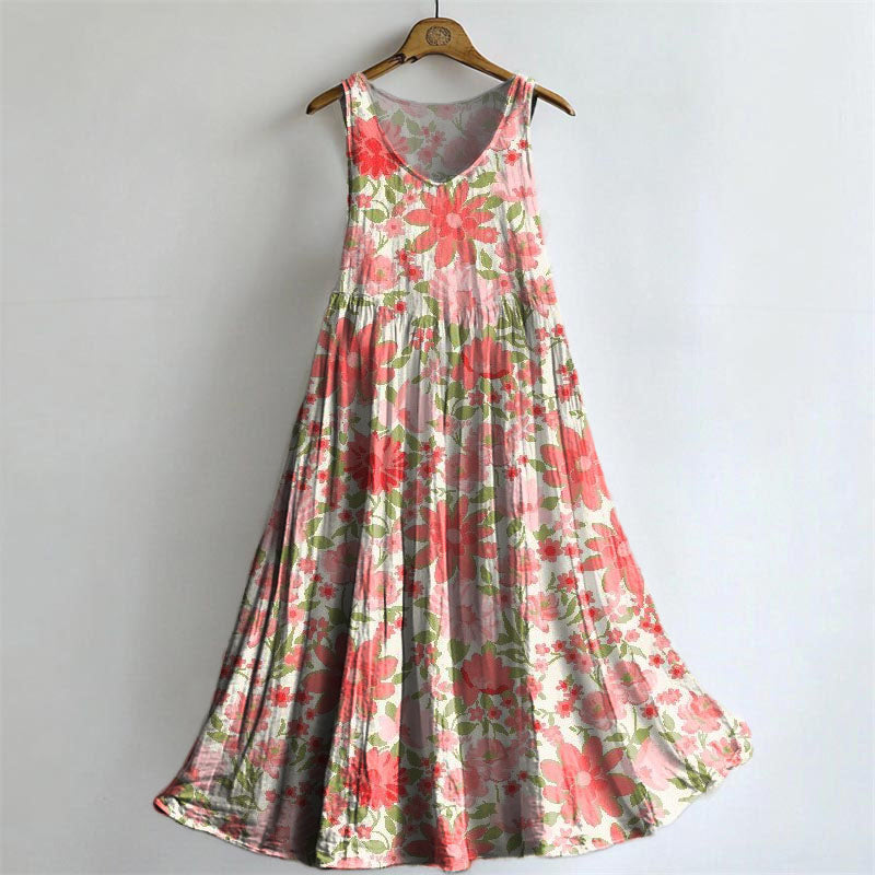 Women's Floral Art Print Sleeveless Cotton Pocket Dress