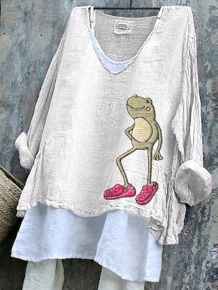 Comstylish Funny Frog Embroidery Pattern Comfort Linen Shirt