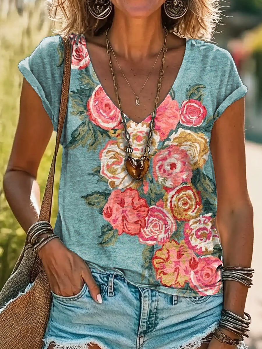 Women's Floral Art Print V-Neck Cotton T-Shirt