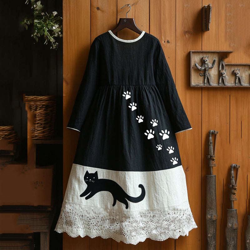 Vintage Abstract Creative Cute Black Cat Art Maxi Dress elevenforest