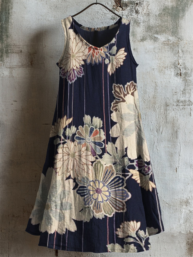 Comstylish Traditional Japanese Floral Pattern Linen Tank Dress