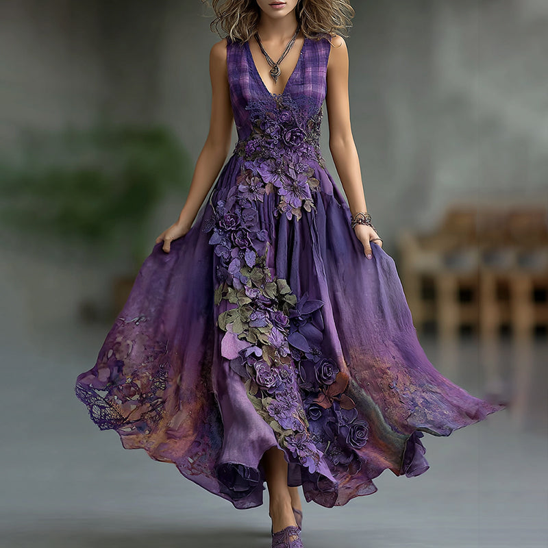 Vintage Embroidered Floral Plaid Patchwork Belt Maxi Dress artswardrobe