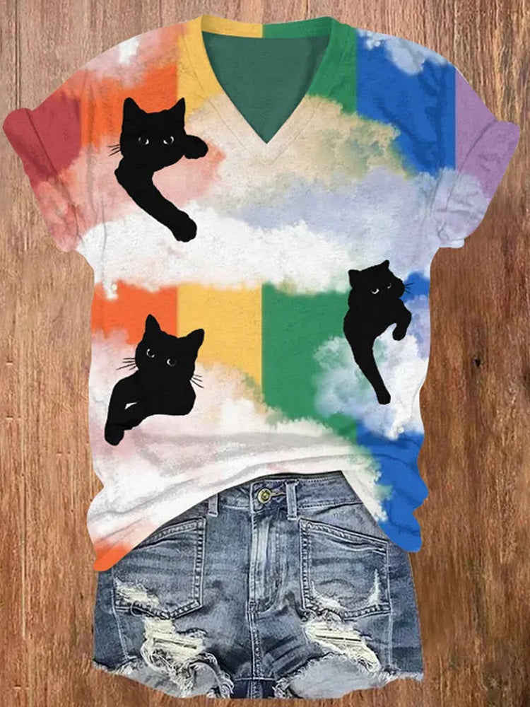 Comstylish Women's Black Cat On Rainbow Clouds Print V-neck T-shirt