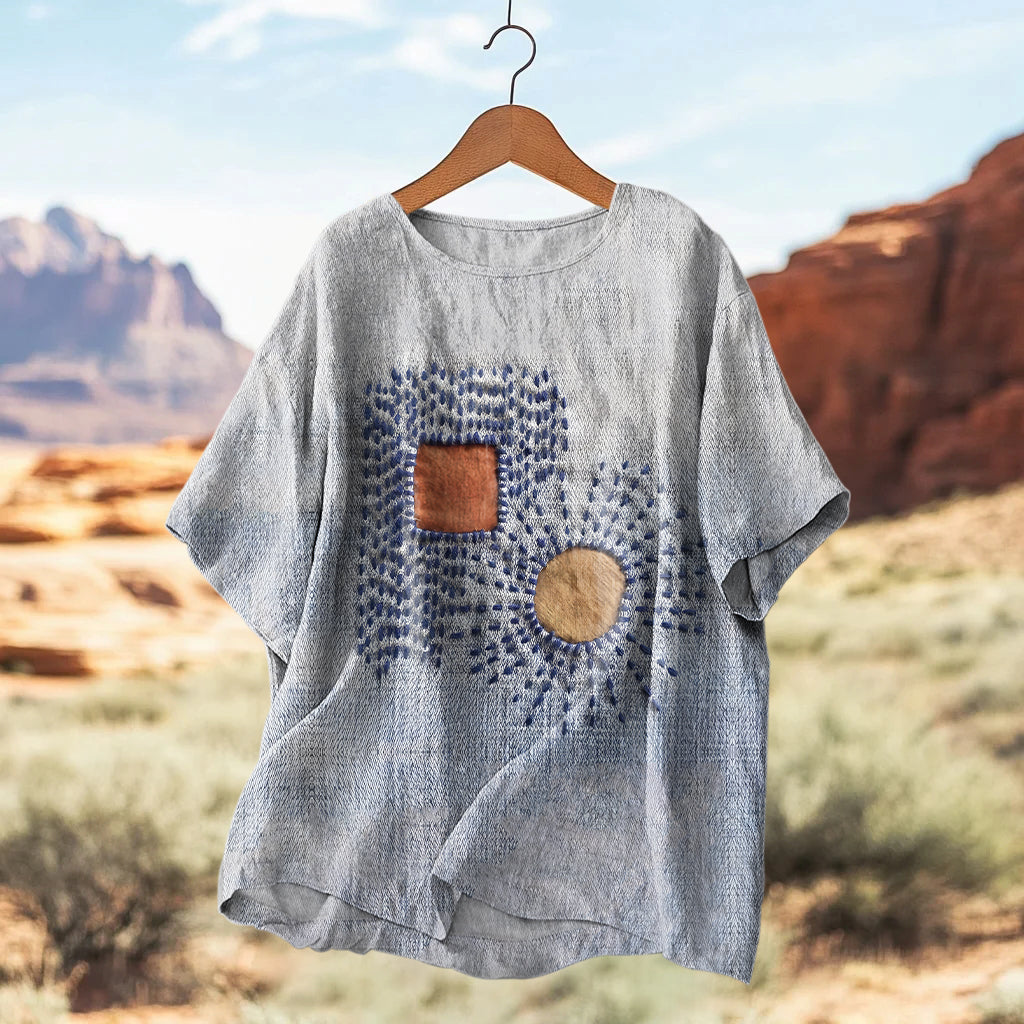 Comstylish Women's Vintage Patchwork Art Print Casual Linen Shirt