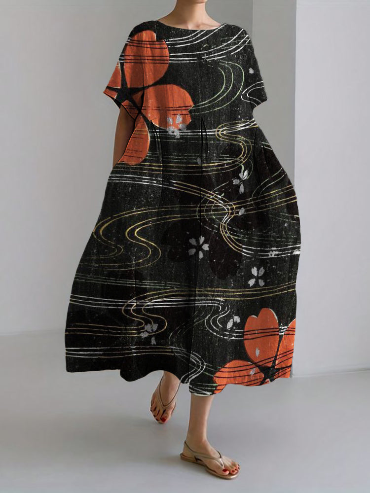 Comstylish Cherry Blossom Japanese Art Pattern Linen Blend Maxi Dress