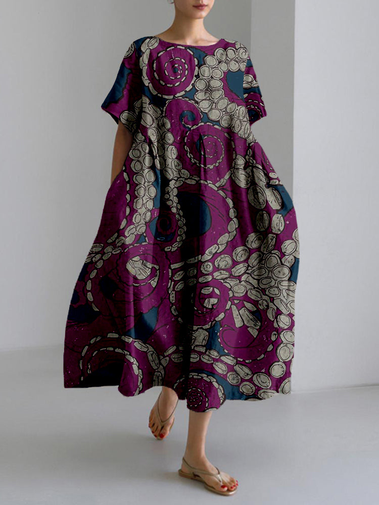 Comstylish Octopus Tentacles Pattern Linen Blend Maxi Dress