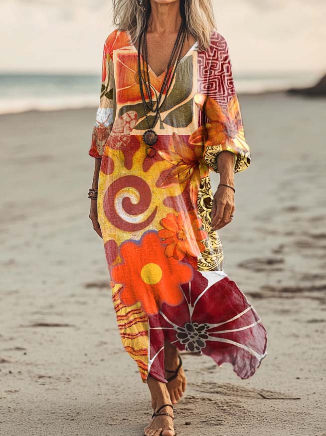 Women's Floral Print Art Print Pocket Cotton Dress