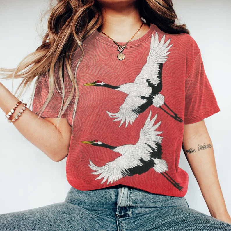 Comstylish Japanese Ukiyoe Flying Crane Print T-Shirt