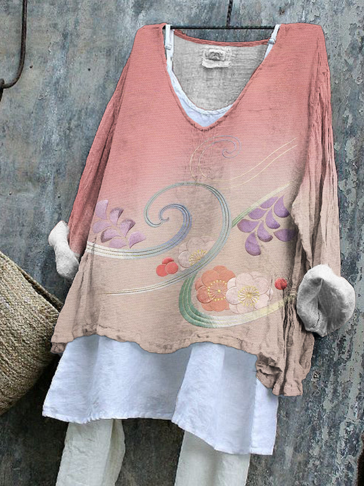 Comstylish Japanese Botanical Floral Pink Gradient Embroidery Pattern Linen Blend Tunic