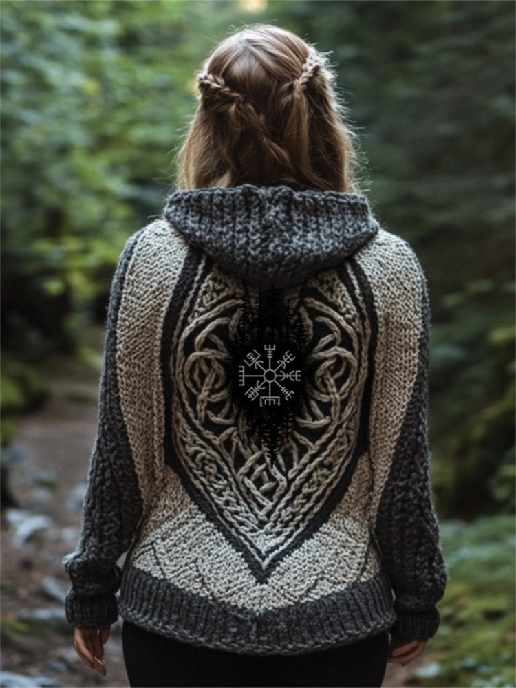 Vintage Viking Vegvisir Celtic Cozy Chunky Hooded Cardigan artswardrobe