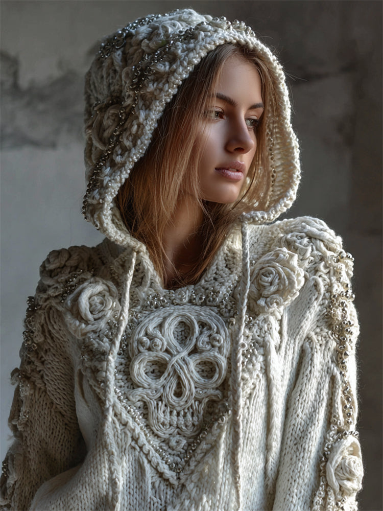 Comstylish Vintage White Roses Celtic Skull Hooded Cozy Knit Sweater