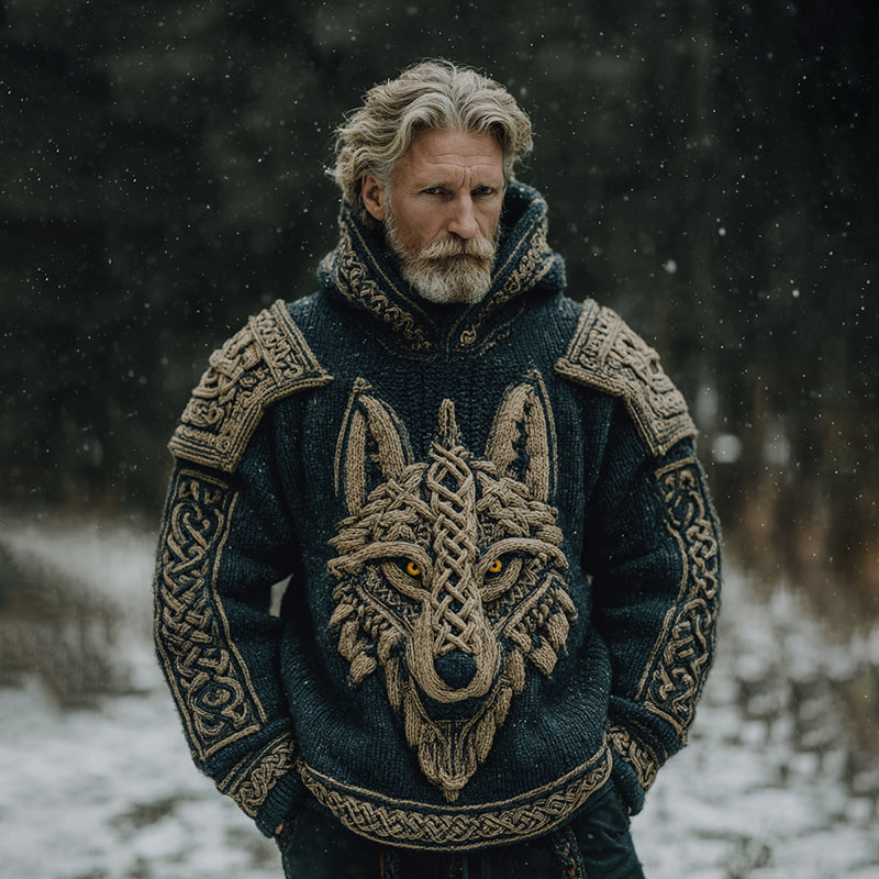 Men's Vintage Viking Celtic Knot Wolf Art Knit Hooded Sweater artswardrobe