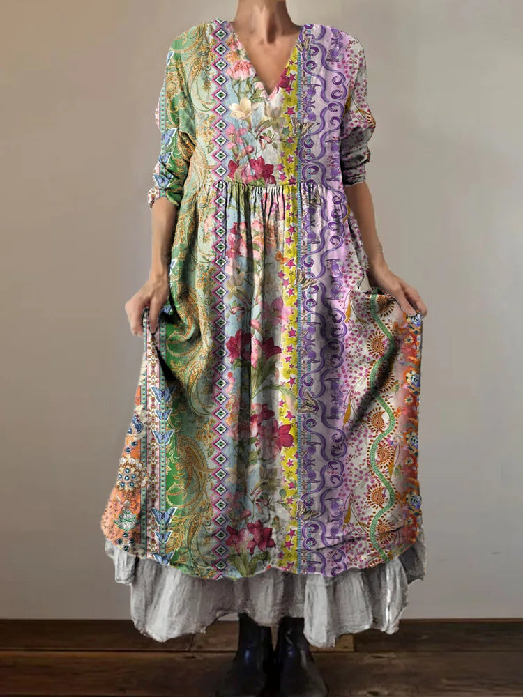 Women's Vintage Floral Art Print V-Neck Button Pocket Cotton Dress