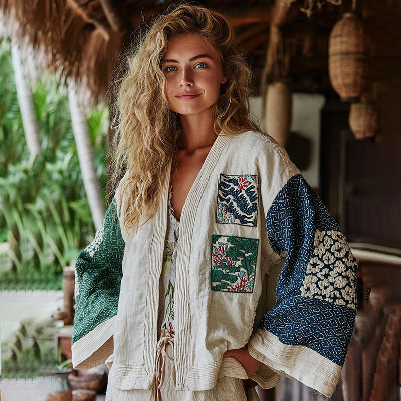 Comstylish Classic Bohemian Japanese Traditional Sashiko Patchwork Art Embroidery Print Cotton And Linen Blend Kimono Cardigan