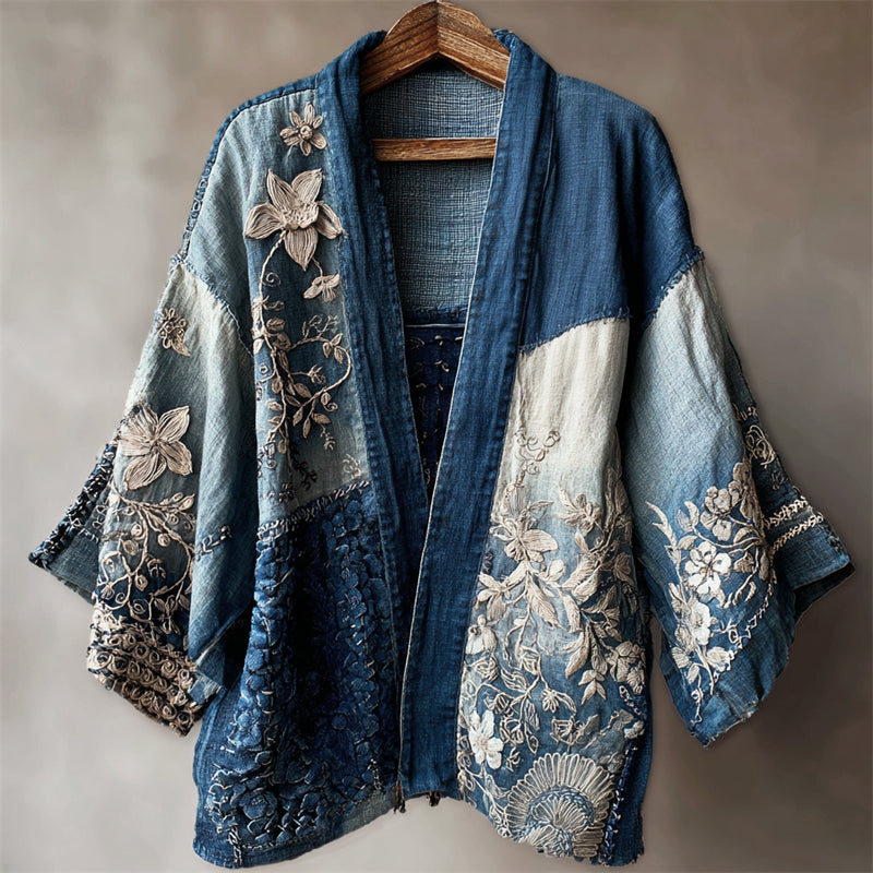Comstylish Floral Lace Fiber Art Japanese Sashiko Patchwork Linen Kimono