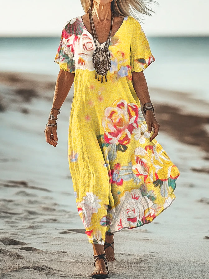 Women's Bohemian Floral Print V Neck Short Sleeve Cotton Pocket Dress