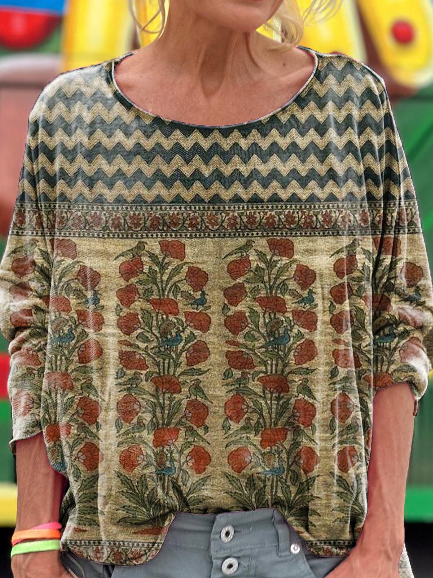 Women's Vintage Bohemian Floral Art Art Print Casual Long Sleeve T-shi