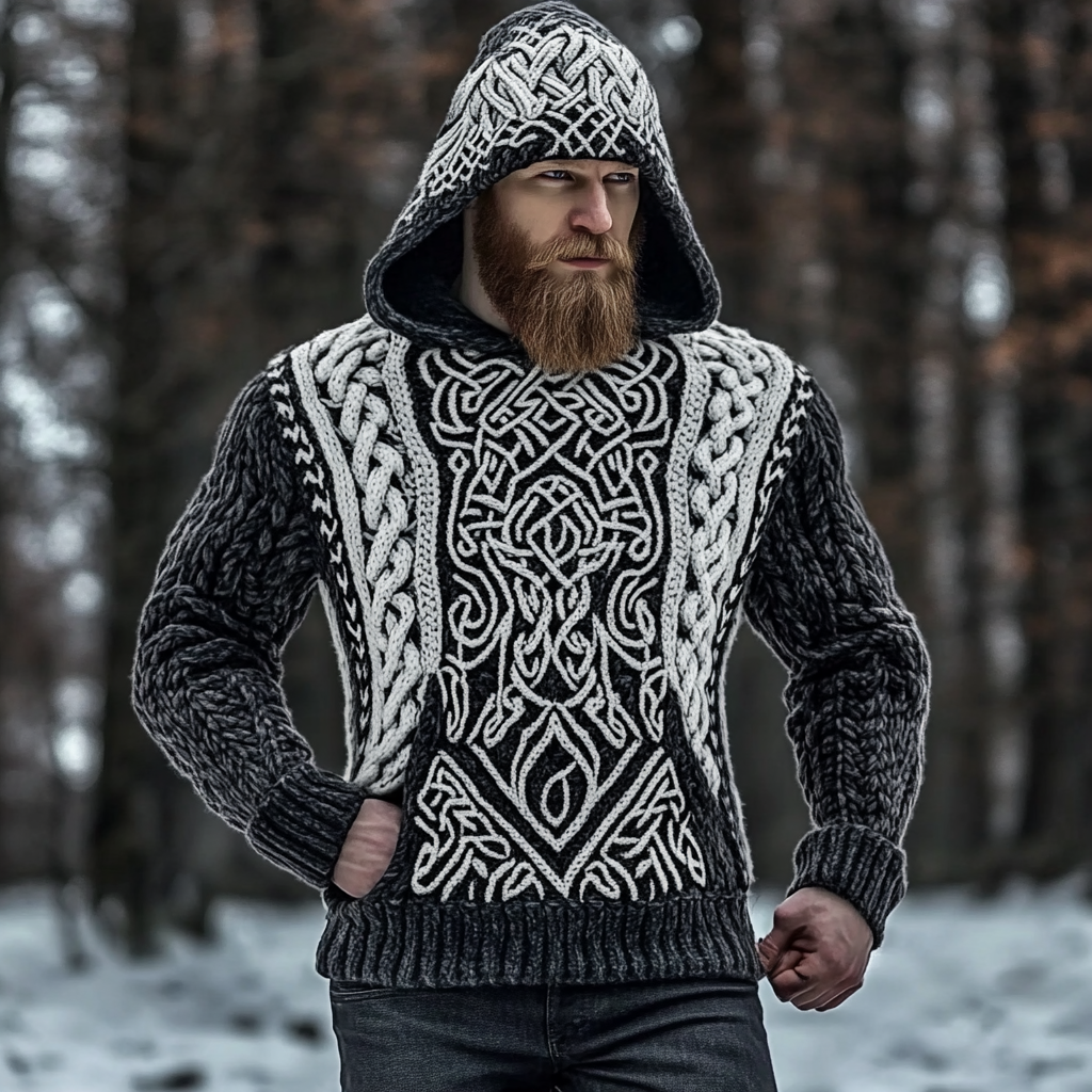Men's Viking Tribal Jacquard Celtic Inspired Chunky Knit Hooded Sweater artswardrobe
