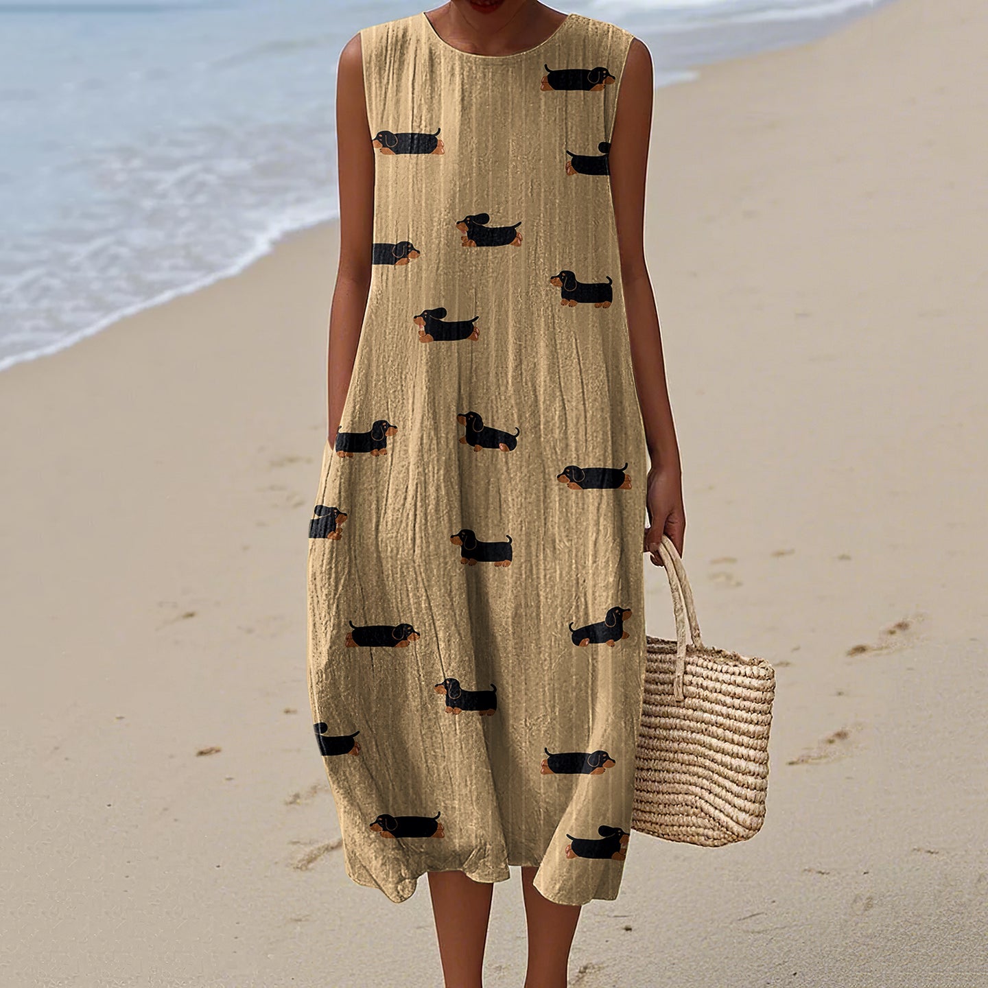 Women's Retro Cute Dachshund Art Print Sleeveless Dress artswardrobe