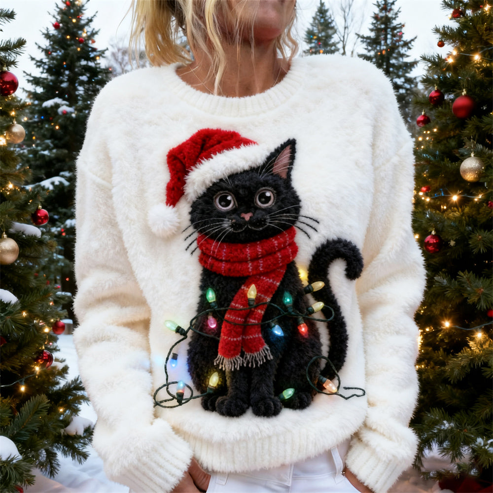 Comstylish Christmas Lights Cat Women's Soft Plush Sweater