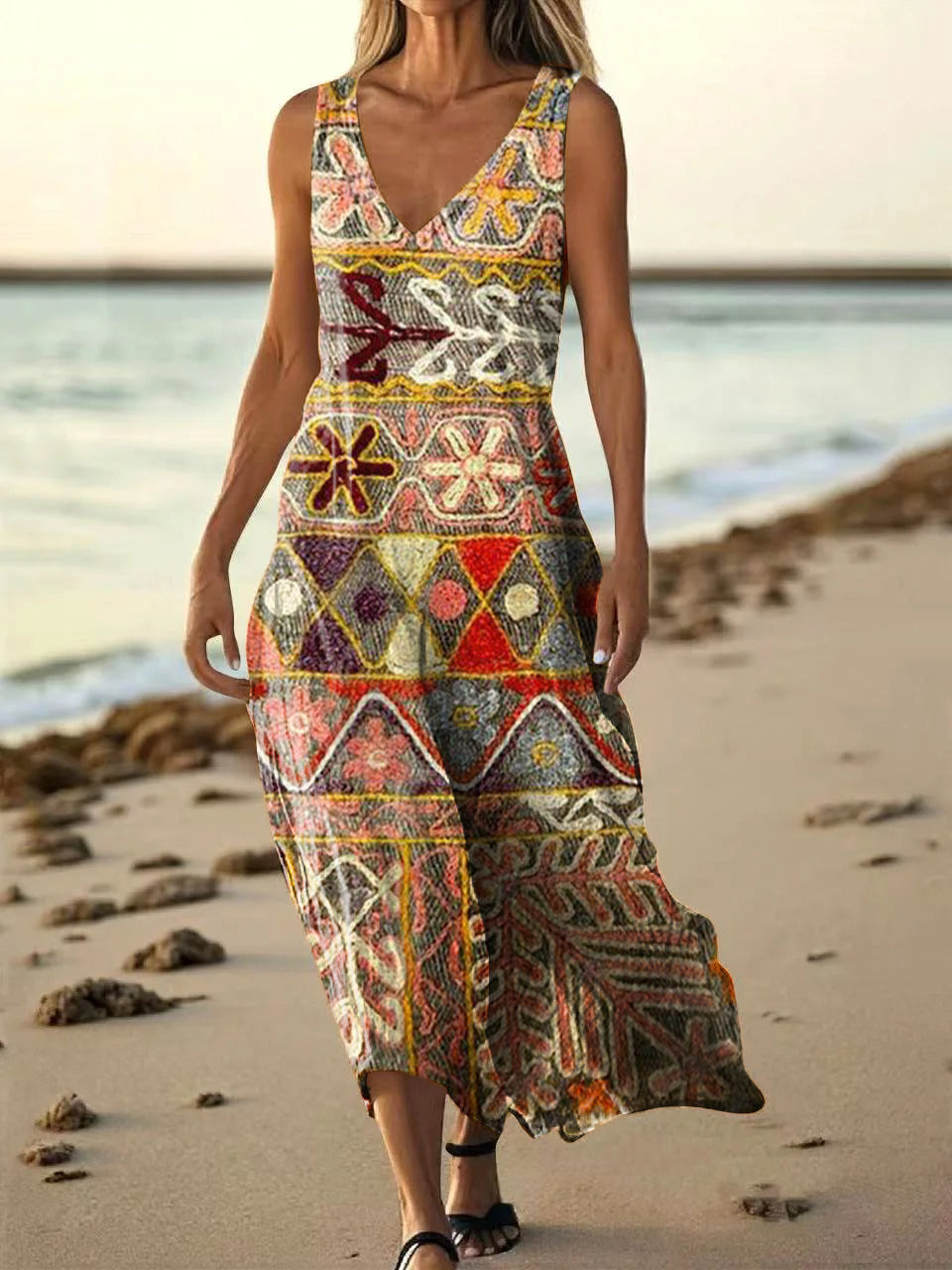 Women's Vintage Bohemian Floral Art Print Pocket Cotton Dress