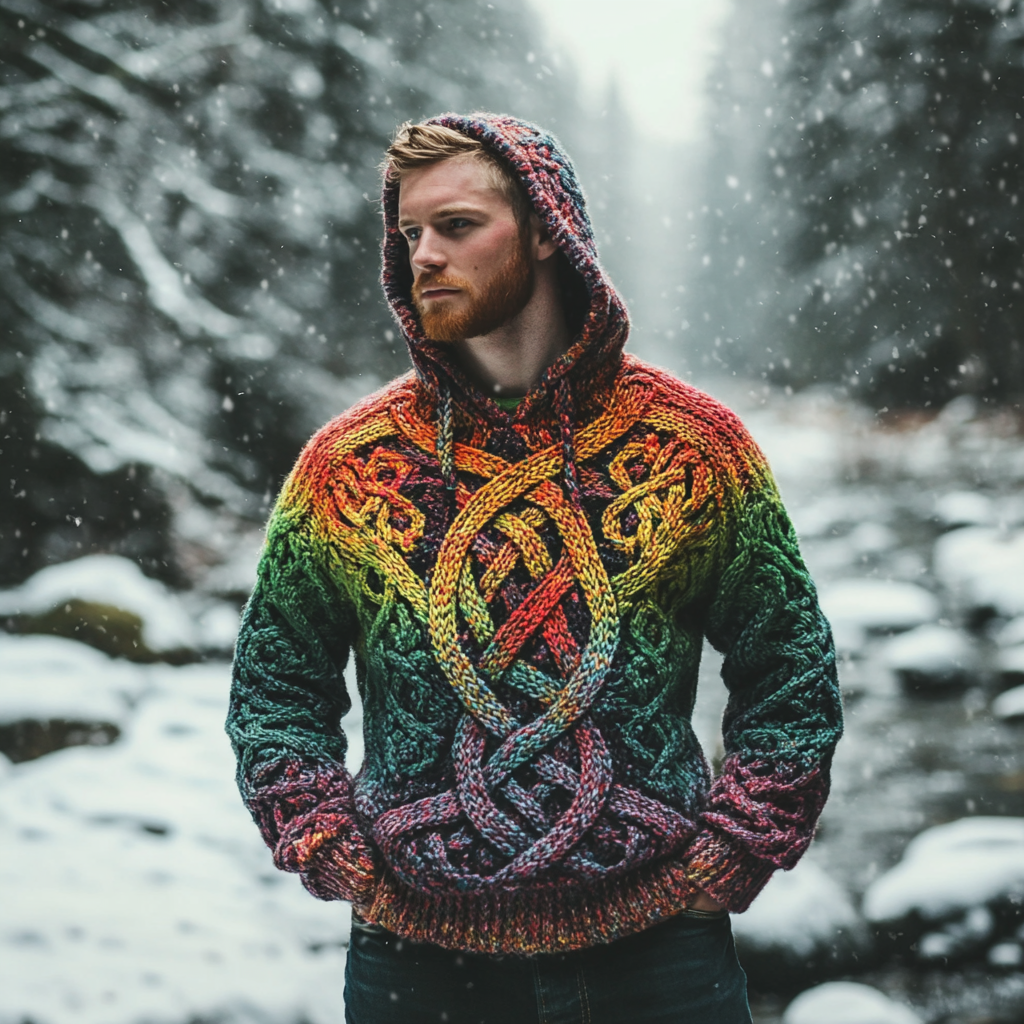 Men's Vintage Rainbow Irish Celtic Knot Jacquard Mottled Hooded Sweater artswardrobe