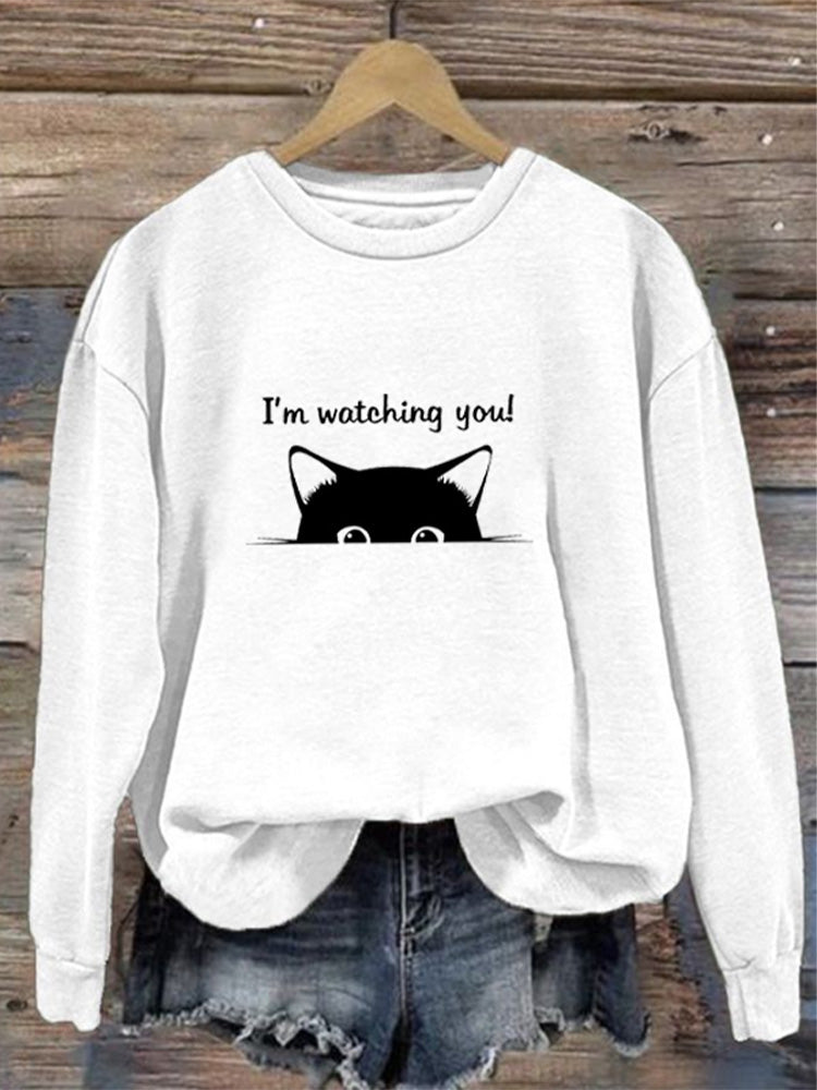 Comstylish I'm Watching You! Black Cat Print Sweatshirt