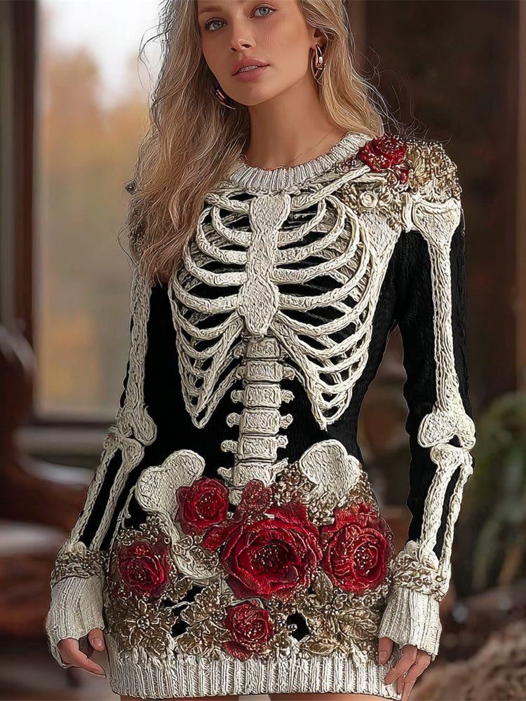 Halloween Skeleton & Rose Art Women's Crew Neck Knit Mini Dress artswardrobe