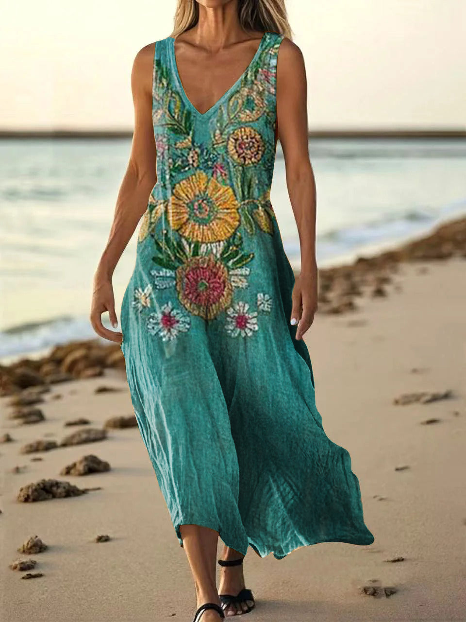 Women's Bohemian Floral Art Print Pocket Cotton Dress