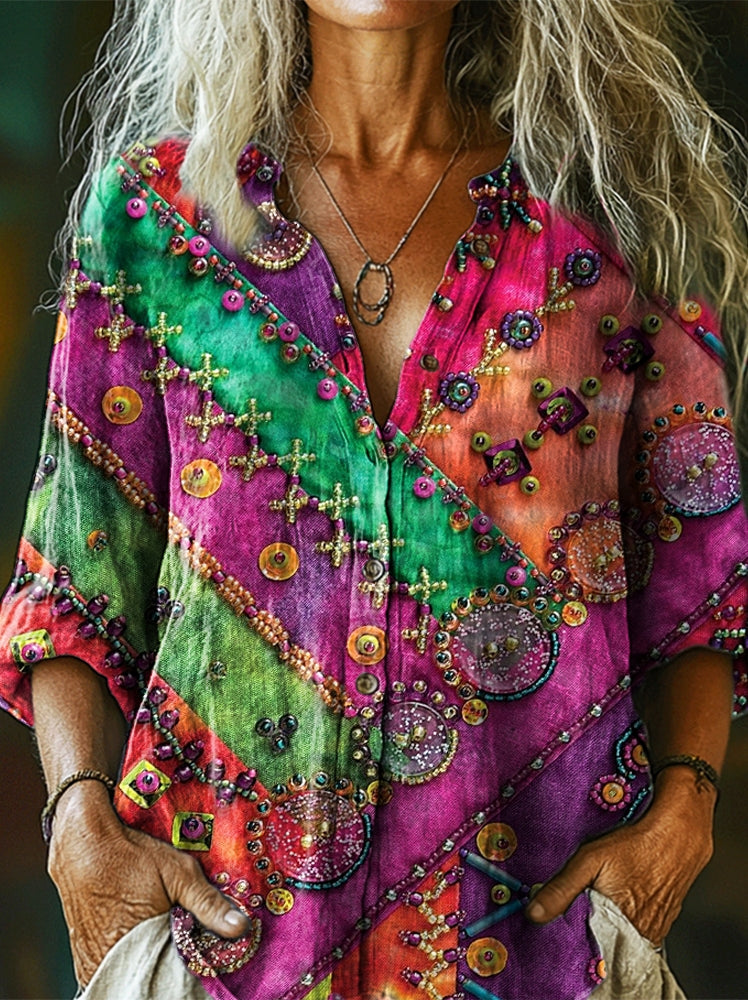 Women's Retro Colorful Patchwork Art Print Casual Cotton Linen Shirt