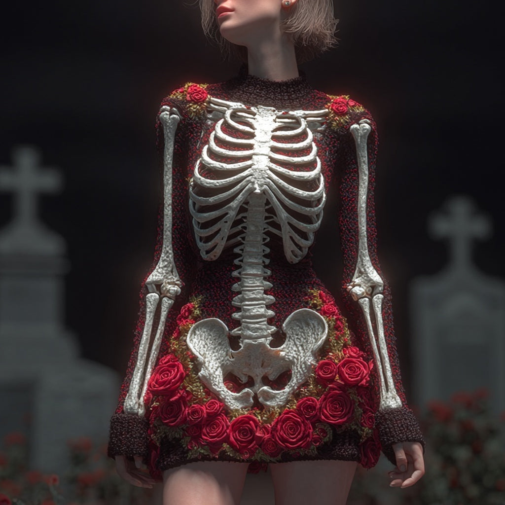 Comstylish Vintage Halloween Skeleton Roses Art Cozy Sweater Dress
