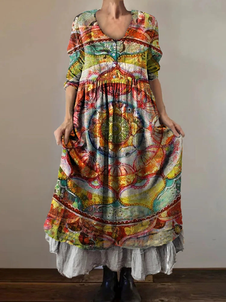 Women's Vintage Ethnic Floral Art Print V-Neck Button Pocket Cotton Dr