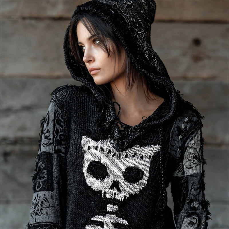 Comstylish Halloween Cat Skeleton Patchwork Stitched Hooded Cozy Knit Sweater