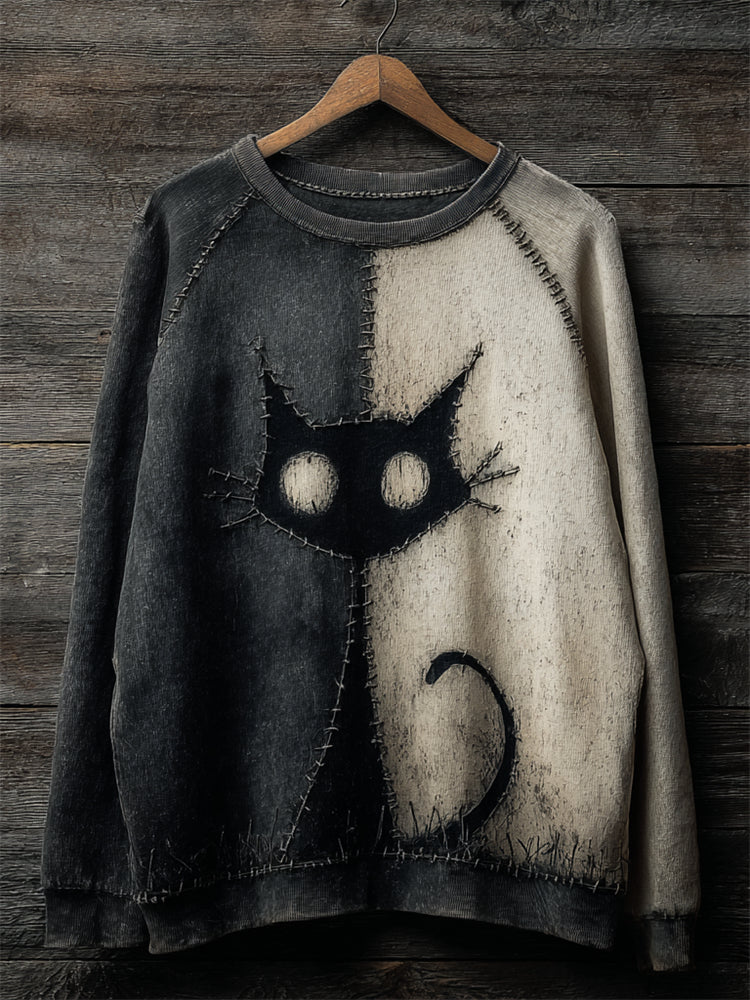 Comstylish Halloween Black Cat Contrast Stitched Washed Sweatshirt