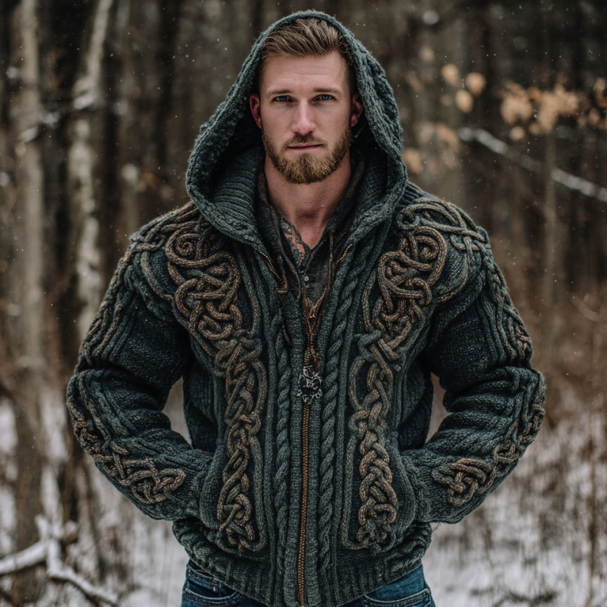 Men's Vintage Viking Celtic Knot Art Chunky Knit Hooded Zip-up Sweater artswardrobe