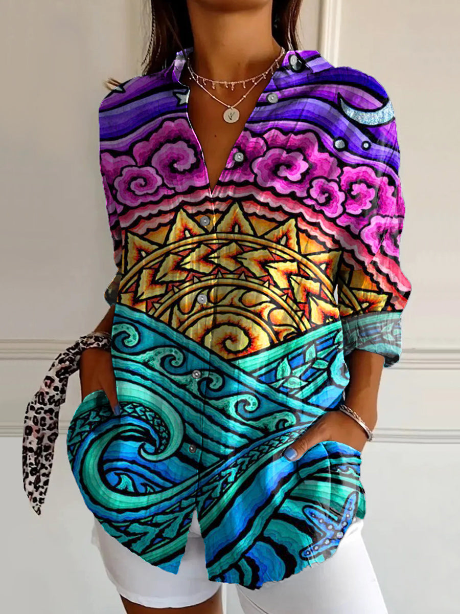 Women's Art Painting Colorful Sea Sunset Art Print Stand Collar Long S