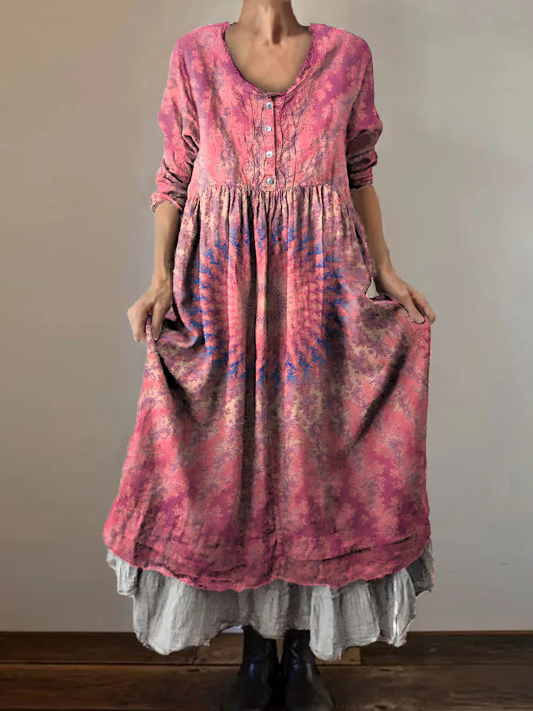 Women's Retro Kaleidoscope Tie Dye Art Print V-Neck Button Pocket Cott