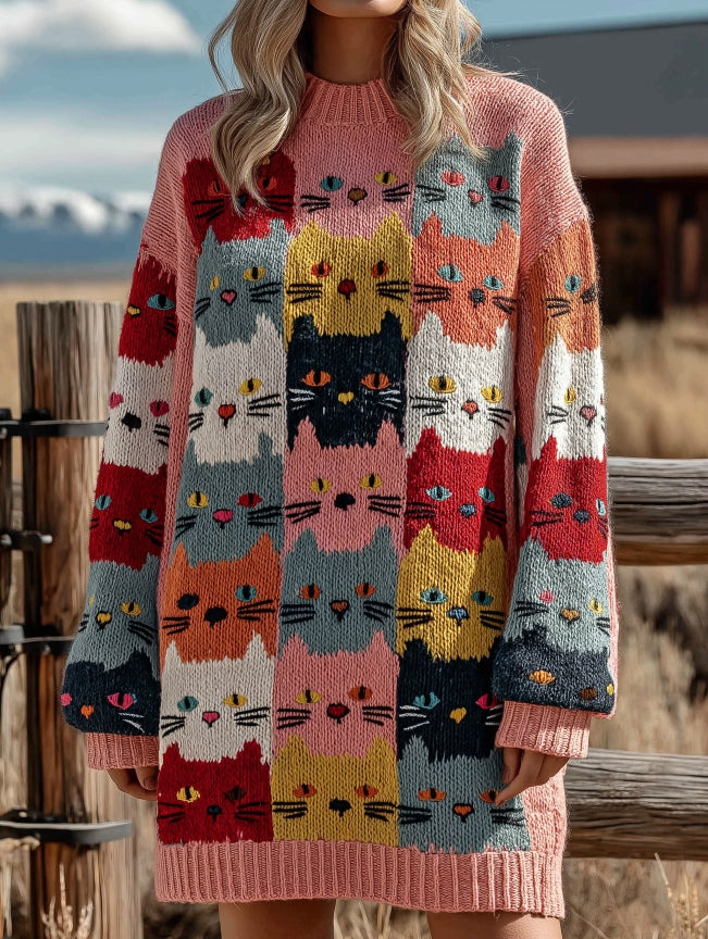 Comstylish Colorful Cat Embroidered Art Long Knitted Sweater