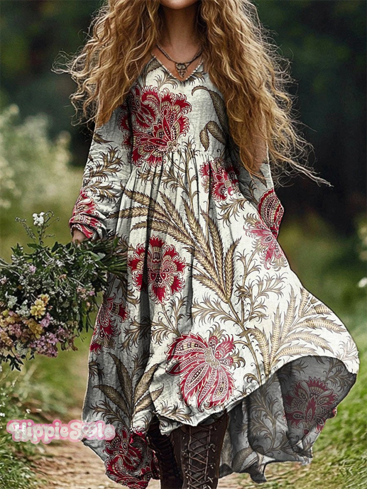 Women's Retro Floral Print Pocket Cotton Dress