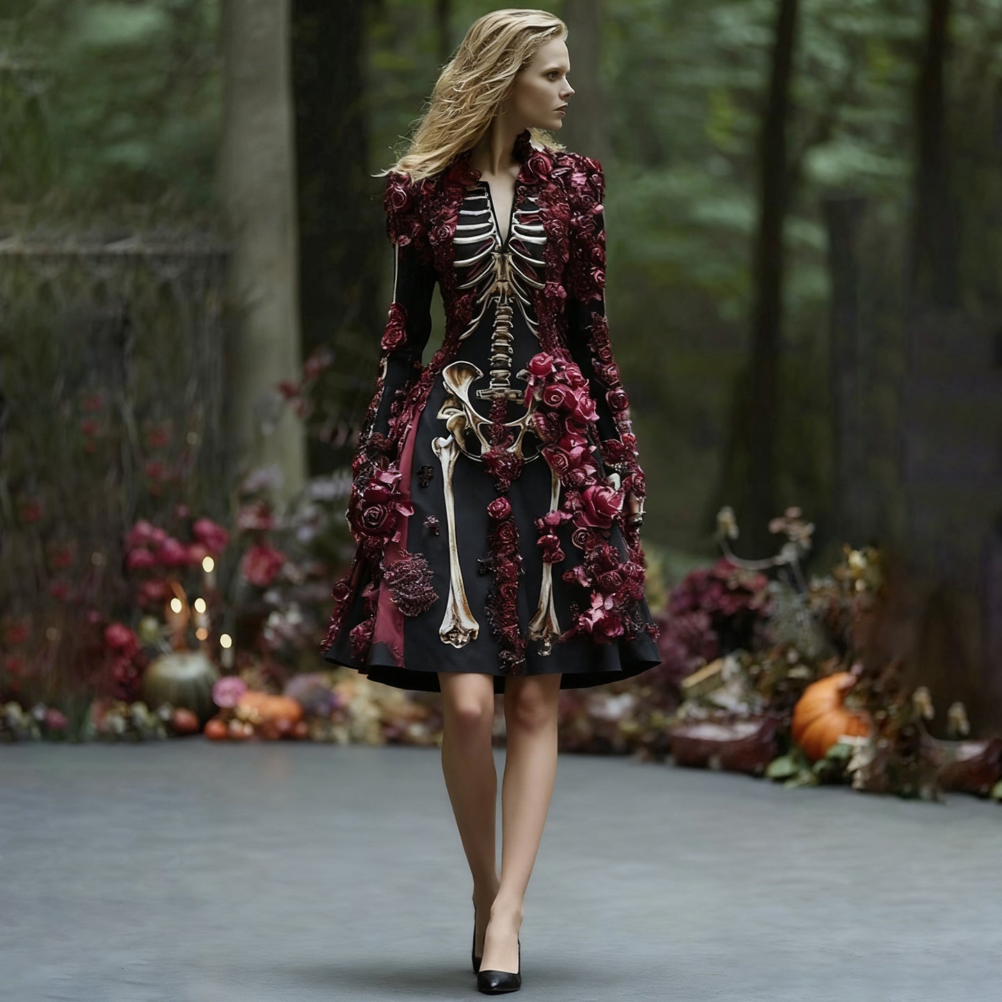 Comstylish Women's Elegant Retro Skeleton Flower Pattern V-neck Long Sleeve Midi Dress