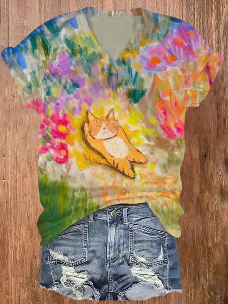 Comstylish Women's Cat Lying In The Flowers Print V-neck T-shirt