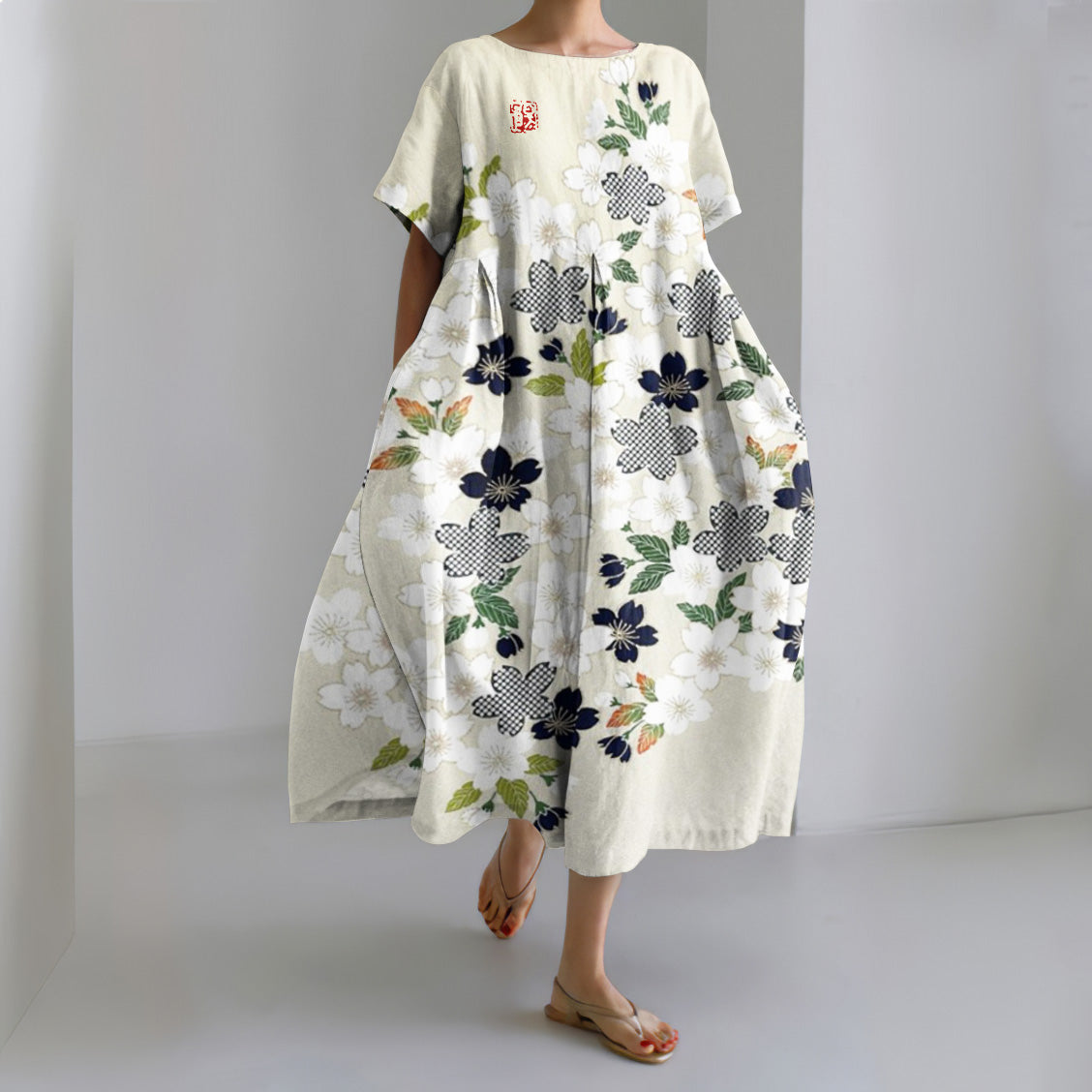 Comstylish Japanese Art Sakura Print Round Neck Short Sleeve Midi Dress