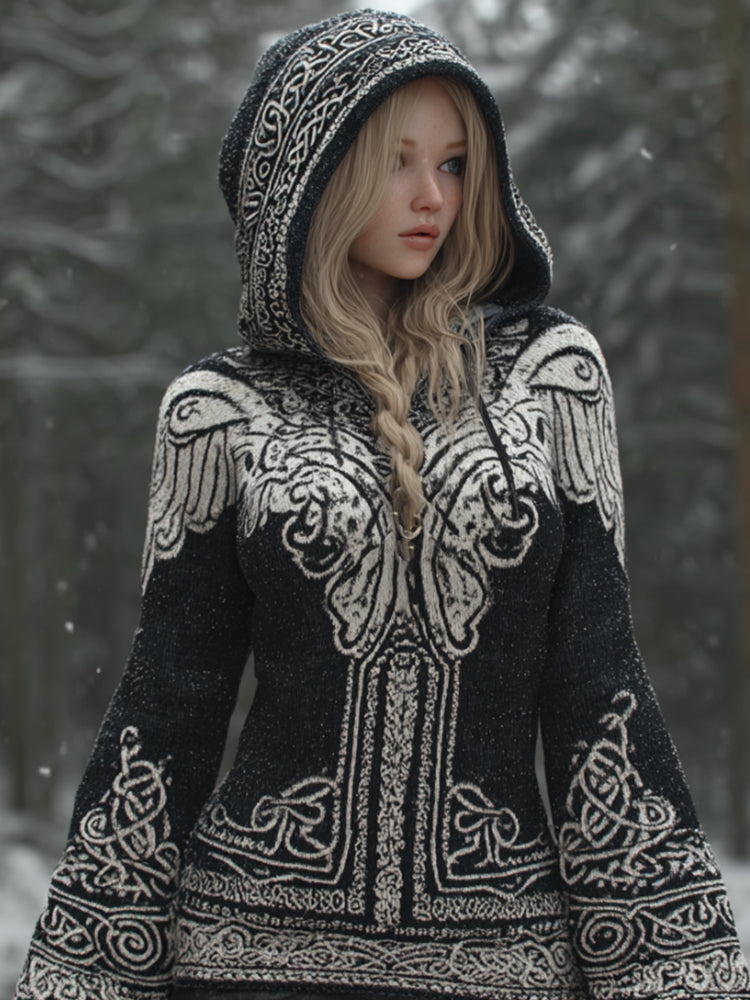 Comstylish Viking Style Wing Art Celtic Knot Distressed Knitted Hoodie Sweater