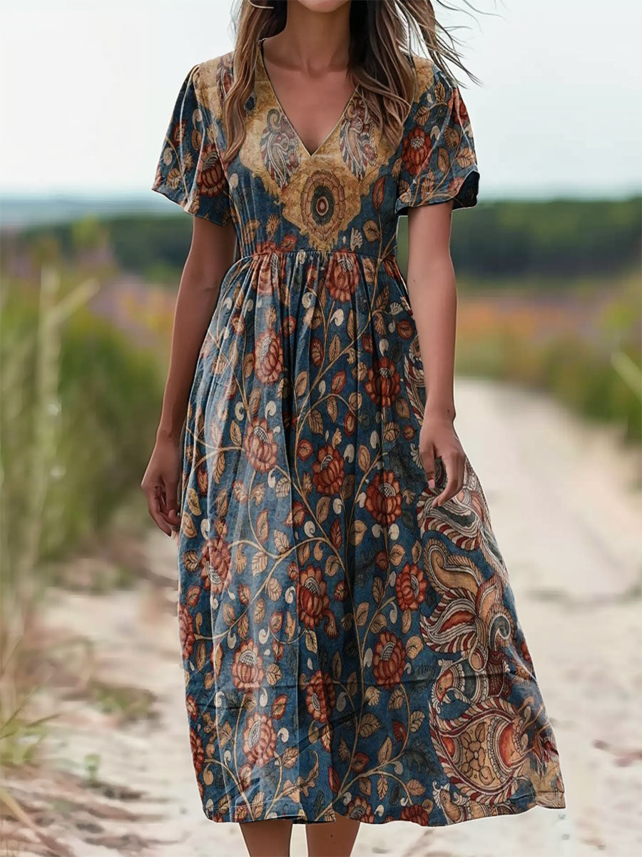 Women's Retro Ethnic Art Pattern Print V-Neck Short Sleeve Pocket Cott