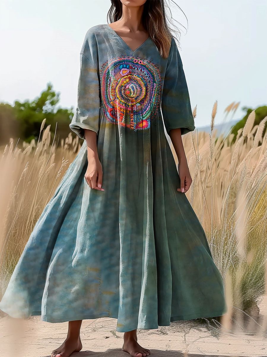 Women's Irregular Circle Pattern Art Print Flowing V-Neck Cotton Dress