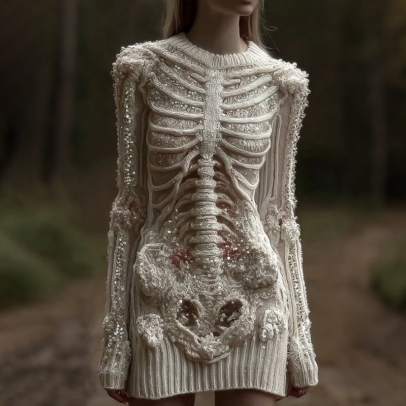 Women's Vintage Skull Sequin Knit Crew Neck Mini Skirt artswardrobe