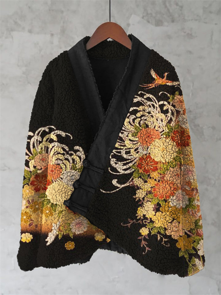 Comstylish Phoenix Chrysanthemum Floral Japanese Art Cozy Fleece Kimono Cardigan